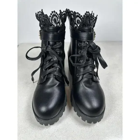 Black Lace Trim Heeled Combat Boots Goth Punk Grunge Alt Platform Chunky Sz 41 - Picture 2 of 7